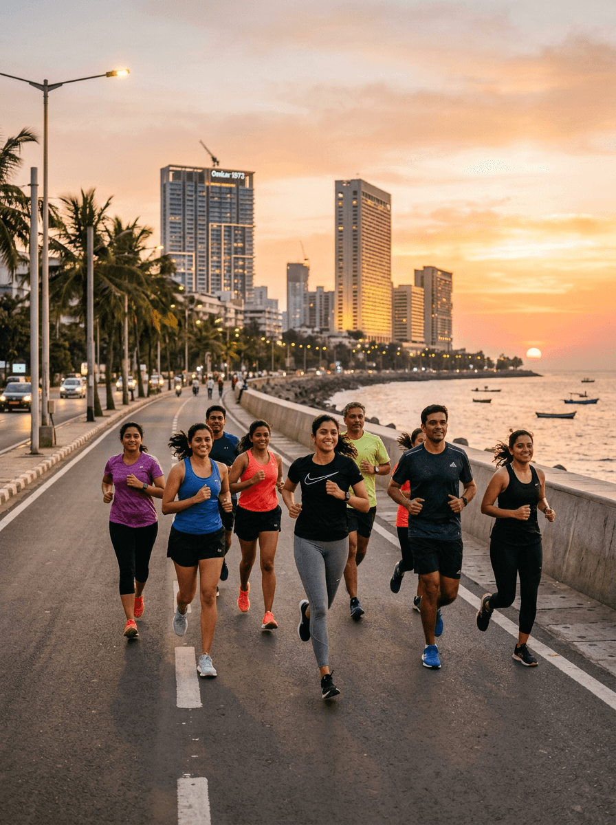 Group of runners on a morning run, energetic city streets